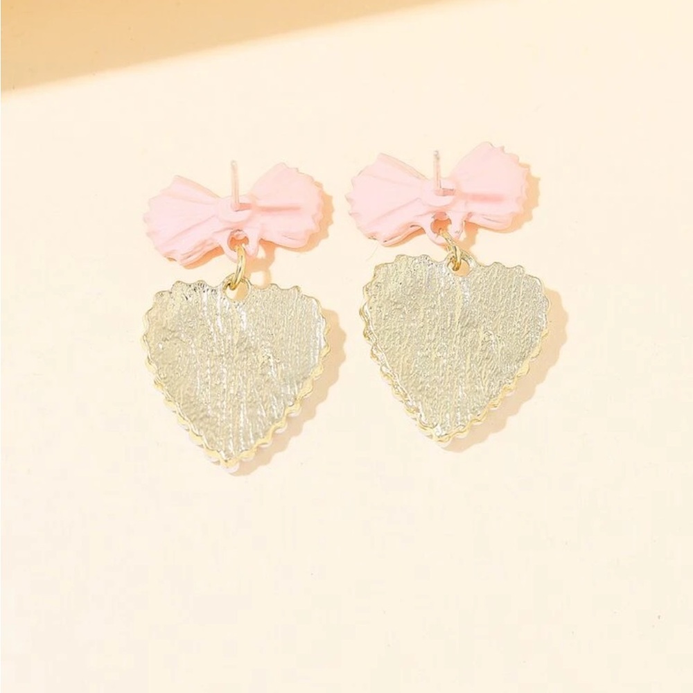 Pink Gingham Heart Earrings, Pink Heart and Bow Earrings, Barbie Earrings - Picture 3 of 4